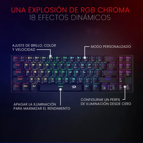 Vista 8 de Redragon Teclado mecánico para juegos K599 con cable e inalámbrico 60% compacto Tenkeyless RGB retroiluminado para jugadores de PC con Windows