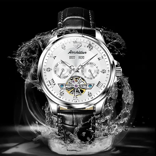 Vista 8 de OLEVS Relojes automáticos de cuero para hombre, esqueleto mecánico, Tourbillon, bisel de acero, reloj de pulsera para hombre, sin batería, correa