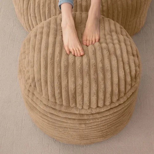 Vista 9 de HIGOGOGO Puf Otomano Redondo Relleno, Pufs de Piel Sintética a Rayas con Relleno de Trozos de Espuma, Puf Peludo y Esponjoso Taburete Reposapiés