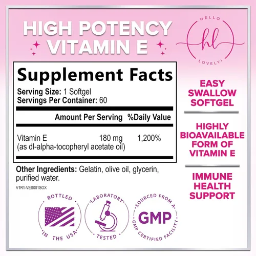 Vista 2 de Vitamina E - 180 mg por porción - Potente suplemento de apoyo para el cabello y la piel - Dl-Alpha VitaminE Apoyo a la salud inmune