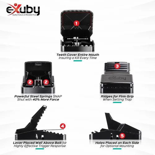 Vista 4 de eXuby Trampas grandes y potentes para ratas, mata al instante con un potente resorte de acero, instalación en segundos, lavar y reutilizar una