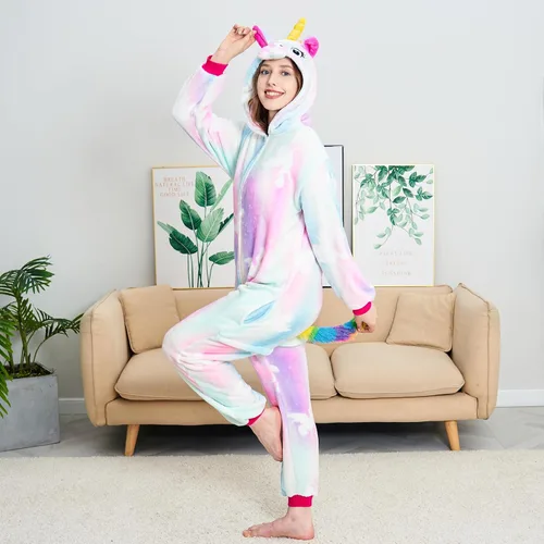 Vista 3 de NewPlush Pijama unisex de unicornio para adultos, mujeres y hombres, mameluco de cosplay de animales