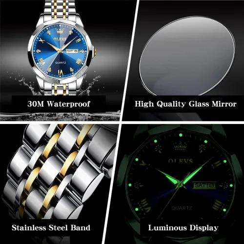 Vista 6 de OLEVS Relojes de pulsera analógicos de cuarzo con diamantes para hombre, con fecha, de dos tonos, de acero inoxidable, impermeables, luminosos