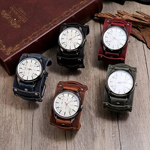 Vista 4 de Relojes de cuero dominantes punk y retro para hombre, pulseras punk, doble capa cosidas a mano, relojes de pulsera para hombre
