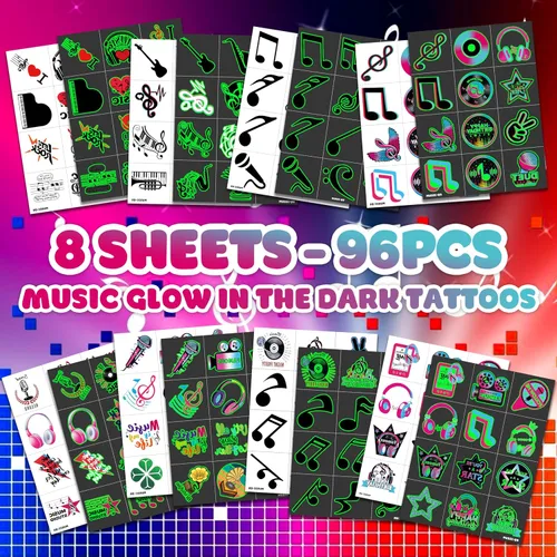 Vista 3 de 96 piezas de notas musicales que brillan en la oscuridad precortados tatuajes temporales para niños Luminous Musical Themed Birthday Party