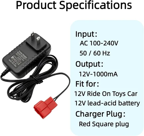 Vista 5 de Cargador de batería de 12 voltios, adaptador de corriente de 1000 mA con enchufe cuadrado rojo e indicador LED, para juguetes de plomo de 12 V