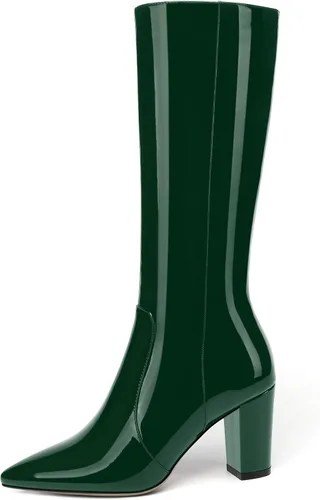 Vista 30 de AMBELIGHT Botas altas hasta la rodilla con cremallera y puntera puntiaguda para mujer, de patente sólida, tacón alto, 3.3 pulgadas