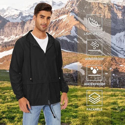 Vista 5 de American Trends Chaqueta impermeable para hombre, ligera, plegable, con capucha, cortavientos