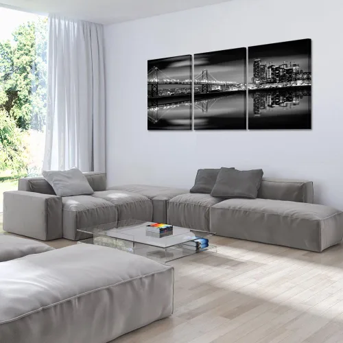 Vista 4 de KREATIVE ARTS - Bahía de San Francisco por la noche en puente blanco y negro, 3 paneles de arte de paisaje moderno, impresiones sobre lienzo, arte