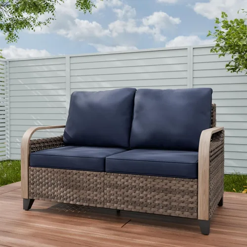 Vista 12 de Sofá de mimbre para patio, sofá para exteriores, 3 asientos Marrón/Gris