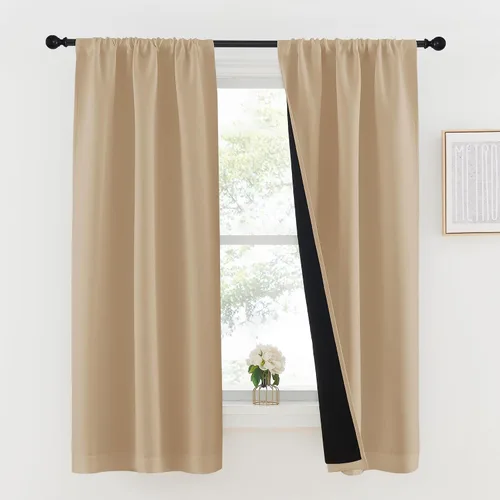 Vista 111 de NICETOWN Biscotti Beige 100% Cortinas opacas de 45" de largo para cocina, bolsillo con varilla para sótano completamente opaco, cortinas térmicas