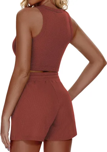 Vista 5 de Funlingo Conjunto de pijama de 2 piezas para mujer, de punto gofre, sin mangas, de verano, 2023