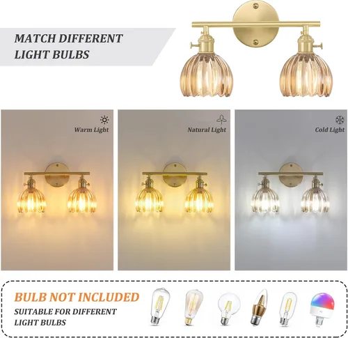 Vista 17 de Shenmoyl Lámparas de baño, lámpara de pared de 2 luces para tocador sobre espejo con pantalla de vidrio tulipán blanco para dormitorio, sala