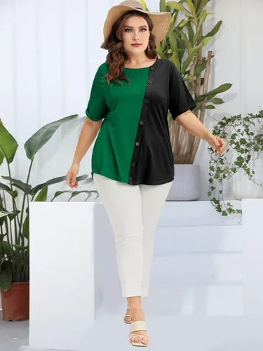 Vista 4 de Camisetas de talla grande para mujer, con botones de contraste, blusas casuales de verano, camisas de manga con puños