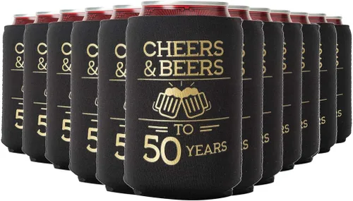 Vista 9 de Juego de 12 enfriadores de latas de Cheers and Beers to 50 Years - Decoraciones de cumpleaños número 50 en negro y dorado y recuerdos de fiesta