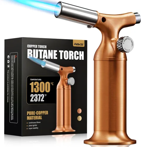 Vista 10 de RAVS Encendedor Antorcha de Butano con Diseño de Cobre Sólido, Encendedor Antorcha de Cocina con Llama Ajustable, Soplete Recargable para Crème
