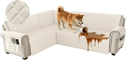 Vista 31 de Fundas impermeables para sofá seccional de esquina en forma de L, de terciopelo, juego de 6 piezas, funda en forma de U para sofá, para perros