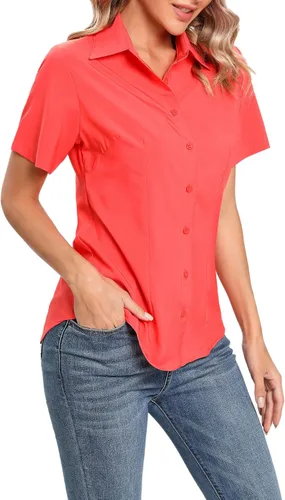 Vista 2 de Camisas básicas de oficina con cuello y botones para mujer, de fácil cuidado, de manga corta, con elástico