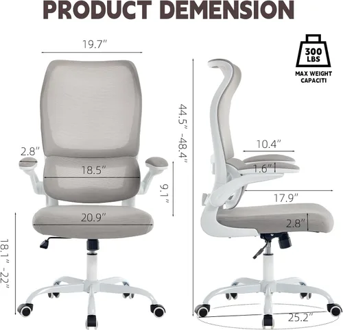 Vista 3 de Silla de oficina ergonómica, silla de escritorio de malla transpirable con respaldo alto para computadora con soporte lumbar ajustable y Blanco