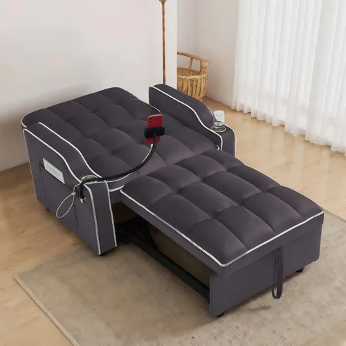 Vista 6 de Sofá cama extraíble pequeño de 69 pulgadas, sofá cama convertible 3 en 1, respaldo ajustable con soporte para teléfono, bolsillo lateral y puerto