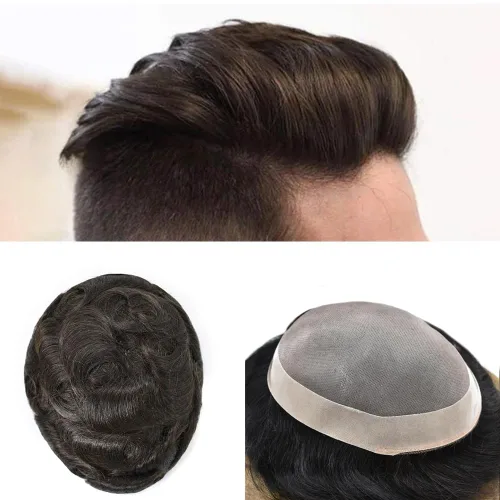 Vista 107 de Mens Toupee Hair Piece Real Human Hair Fine Mono Toupee para hombres Sistema de reemplazo de cabello para hombre Postizo Protesis Capilar Para