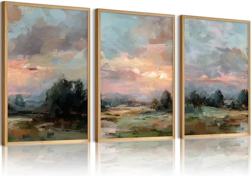Vista 12 de Arte de pared de bosque brumoso, arte de pared de abeto, paisaje natural, lienzo, impresiones abstractas de bosques, pintura de granja, póster