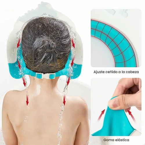 Vista 4 de FUNUPUP Gorro de ducha de bebé para niños, gorra de champú de baño para bebé, protector de lavado de cabello, sombrero de baño de silicona ajustable