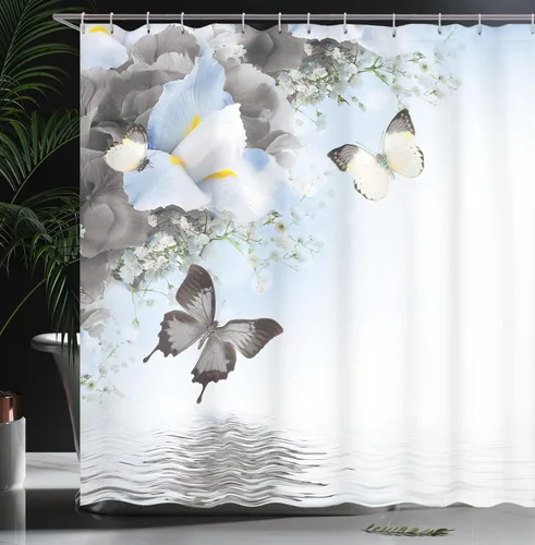 Vista 3 de Ambesonne Cortina de ducha floral, diseño de flores silvestres monarca voladoras lirio en lago Therapy Spa, juego de decoración de baño de tela