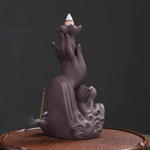 Vista 5 de Quemador de incienso de mano de Buda de cerámica para interiores, soporte de incienso de cascada de humo creativo Lotus para aromaterapia, adorno