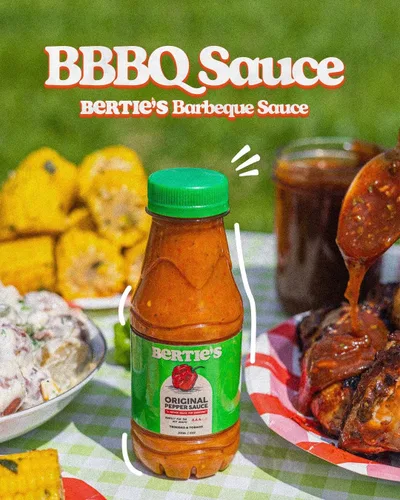 Vista 2 de Bertie's Salsa de pimienta original (10 onzas/10.1 fl oz), gran sabor y calor, hecha con pimientos amarillos frescos de Trinidad Moruga Red y Scotch
