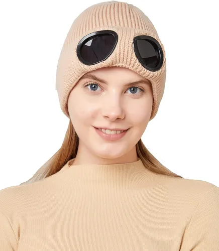 Vista 4 de JUQLQUJ Gorro con gafas para hombre y mujer, unisex, de punto de calavera lisa
