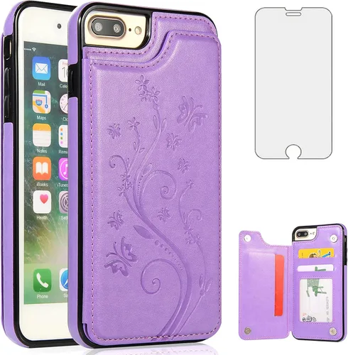 Vista 9 de Funda de teléfono para iPhone 7plus 8plus 7/8 Plus con protector de pantalla de vidrio templado y tarjetero para tarjetero, accesorios de cuero