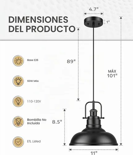 Vista 2 de zeyu Lámpara colgante industrial de 1 luz, lámpara colgante de 11 pulgadas para isla de cocina, pantalla de cúpula de metal en acabado negro mate