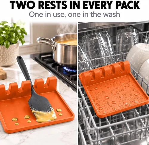Vista 5 de Paquete de 2 cucharas de silicona naranja para estufa, soporte para cuchara para estufa Terracota quemada