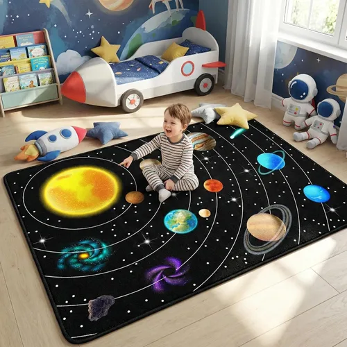 Vista 16 de Alfombra espacial para habitación de niños, alfombra de galaxia para niños, alfombras espaciales para dormitorio de niños, decoración