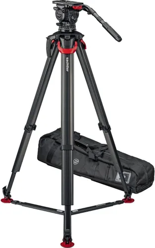Vista 2 de Sachtler aktiv14T - Cabezal fluido de 3.937 in con trípode de fibra de carbono Flowtech 100 y esparcidor de tierra