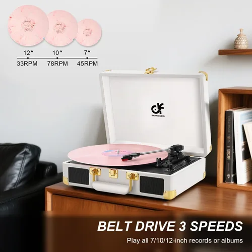 Vista 6 de Tocadiscos de vinilo Bluetooth, tocadiscos portátil vintage de 3 velocidades con 2 altavoces integrados, grabación USB, tocadiscos