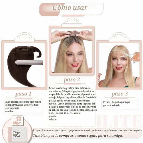 Vista 8 de Elailite Pelucas para mujeres con flequillo, cabello humano real, topper con cabello delgado, 13 cm x 7 cm, base de seda, clip en piezas de cabello