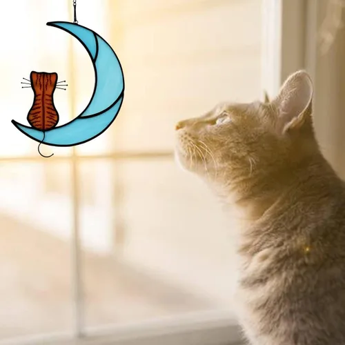Vista 4 de Adorno acrílico para colgar en la ventana, paneles de cristal para atrapar el sol, gato en la luna, gatito, adorno colgante de bricolaje