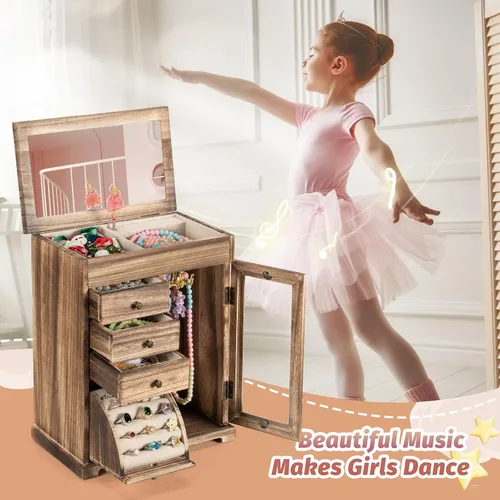 Vista 4 de Miratino Joyero musical para niñas, joyero para niños con bailarina giratoria, 5 capas grandes de madera, cajas de joyería y organizadores, regalos