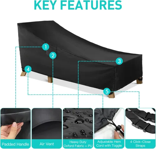 Vista 3 de WLEAFJ Funda impermeable para tumbona de patio, fundas resistentes para sillas de salón al aire libre, fundas negras duraderas para muebles