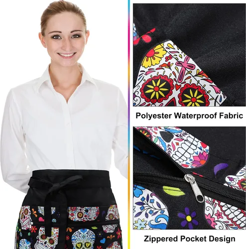 Vista 5 de Jetec 2 Pcs Waist Apron with 6 Pockets and Leather Server Book for Waitress Patterned Server Half Apron with Zipper for Women