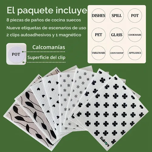 Vista 6 de Eulnars - Toallas de papel reutilizables, paquete de 8 paños de cocina suecos con 3 clips, negro y blanco, algodón, 200 lavados Negro Blanco