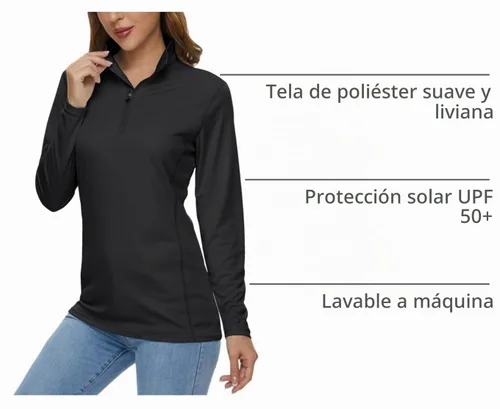Vista 4 de MAGCOMSEN Camiseta de manga larga para mujer, con cremallera de un cuarto 01-Negro