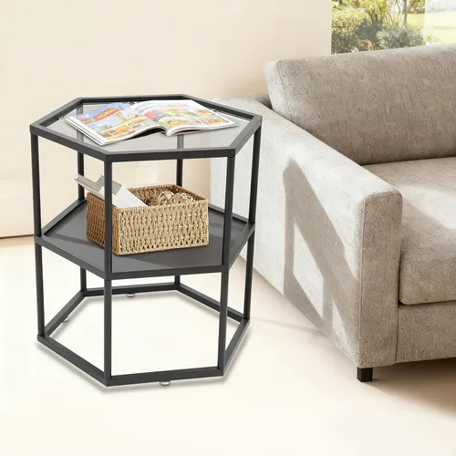 Vista 8 de Mesa auxiliar, mesas de centro modernas con almacenamiento de 2 niveles con marco de metal, mesa central de vidrio hexagonal para sala de estar
