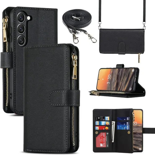 Vista 15 de Cavor Funda tipo cartera cruzada para Samsung Galaxy S22 Plus, color negro Funda de cuero con cierre magnético con cremallera y función atril TPU