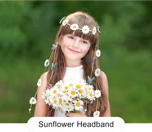 Vista 5 de AWAYTR Diadema de girasol para mujer, hippie, bohomia, cuerda de plumas, coronas para niñas