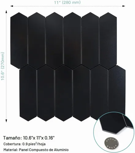 Vista 2 de Azulejo negro para salpicaduras de piquete, aspecto de cerámica, largo hexágono autoadhesivo para pared de cocina y baño, paquete de 6 Hexágono