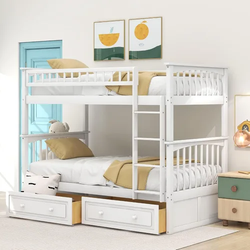 Vista 15 de Harper & Bright Designs Litera convertible de madera individual sobre cama matrimonial con 2 cajones de almacenamiento y escalera, se puede dividir