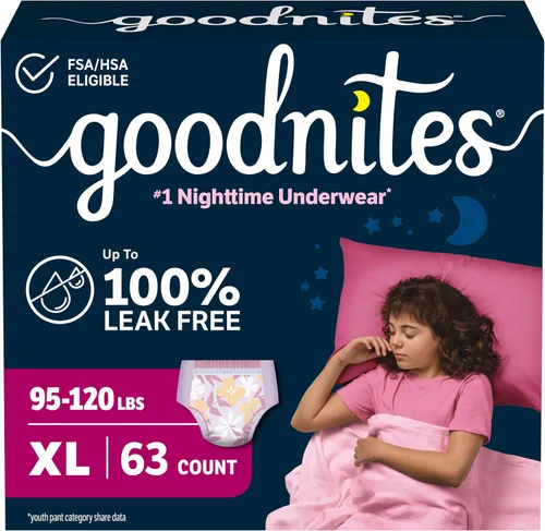 Vista 30 de Goodnites Ropa interior nocturna para niñas, talla extra pequeña (28-43 libras), 15 unidades, el embalaje puede variar